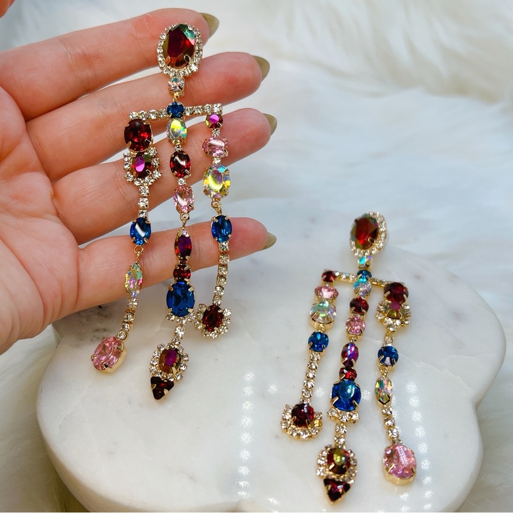 Crystal chandelier earrings 🌟 blue pink red 4” lightweight - Picture 4 of 4